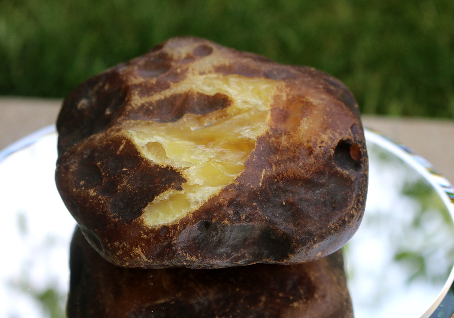 Full-size detail view of big raw amber piece, opaque honey amber, untreated Rovno Amber origin, selected material for professional Misbaha carving